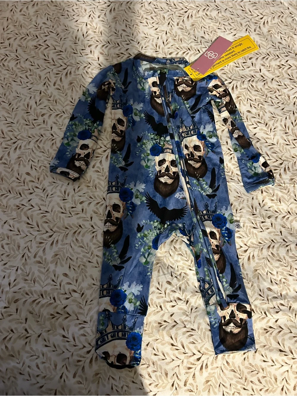 Blue Skull & Floral Zip-Front Kids One-Piece Bodysuit